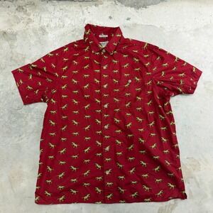 Duluth Trading Co Mens XL Red Short Sleeve Button Up T-REX Print Slim Fit